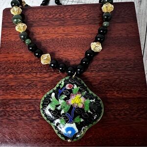 Vintage Les Bernard Cloisonne Necklace Black Gold Green 18”
